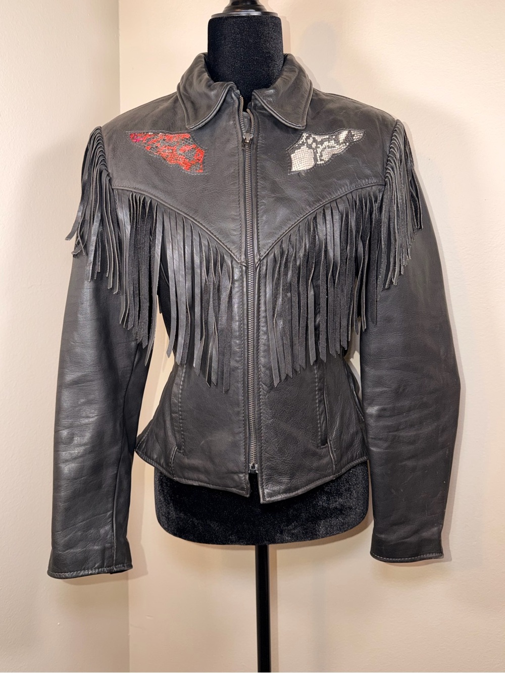 Vintage Leather Jacket Fringe Corset Patchwork Grunge Moto Western 80s 90s Punk